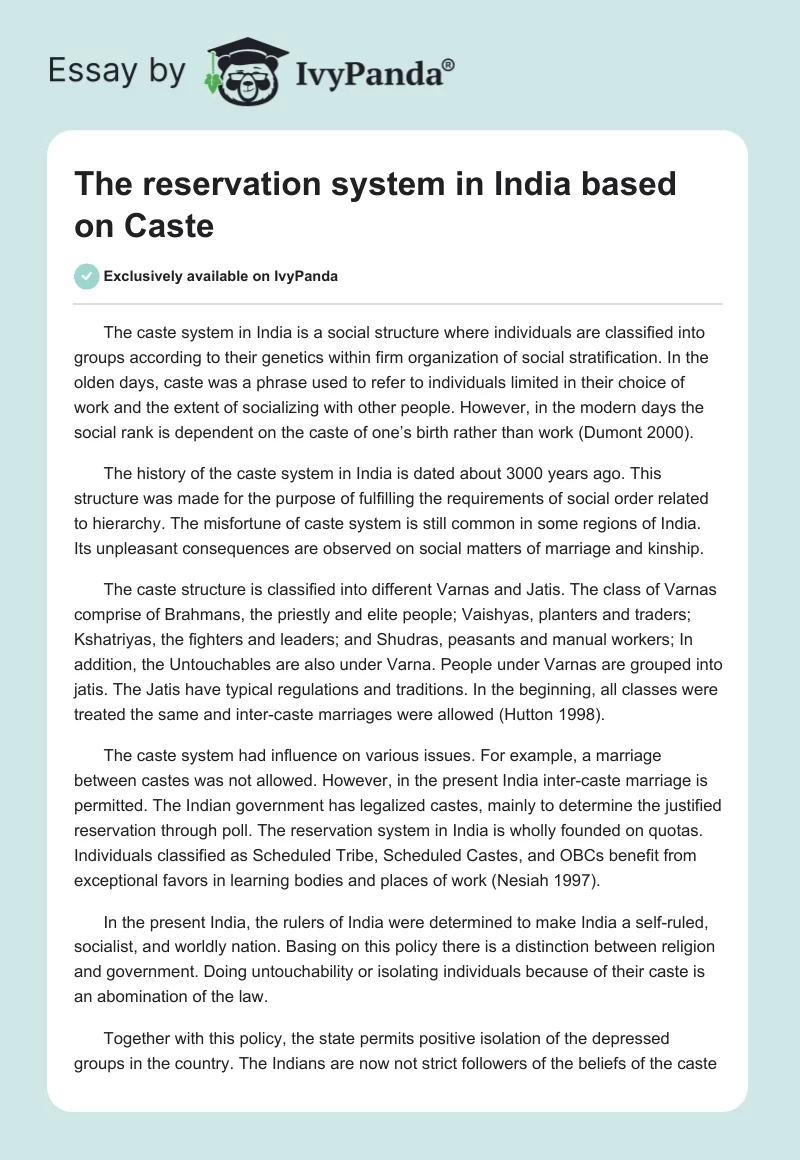The reservation system in India based on Caste. Page 1