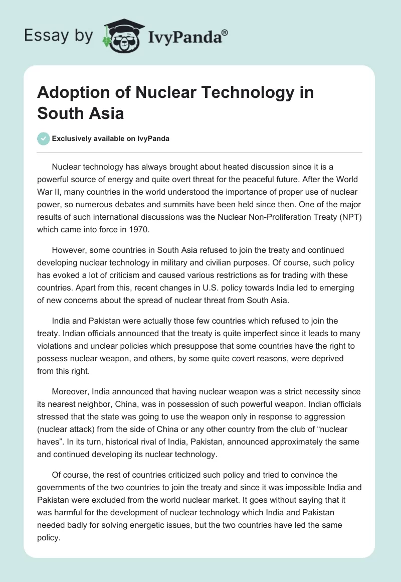 Adoption of Nuclear Technology in South Asia. Page 1
