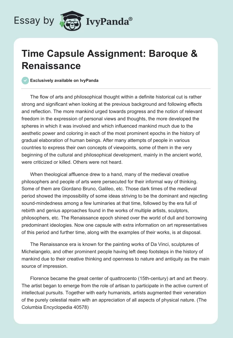 Time Capsule Assignment: Baroque & Renaissance. Page 1
