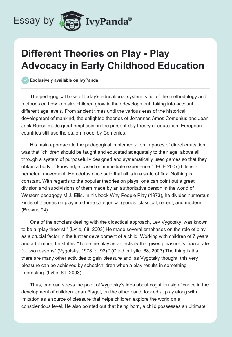 Different Theories on Play - Play Advocacy in Early Childhood Education. Page 1