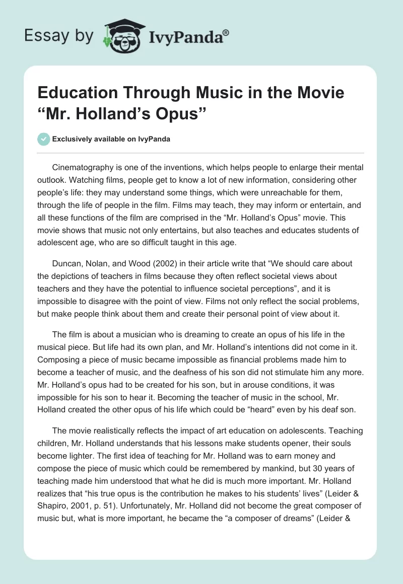Education Through Music in the Movie “Mr. Holland’s Opus”. Page 1