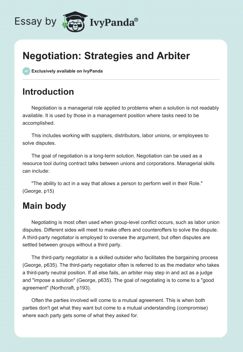 Negotiation: Strategies and Arbiter. Page 1