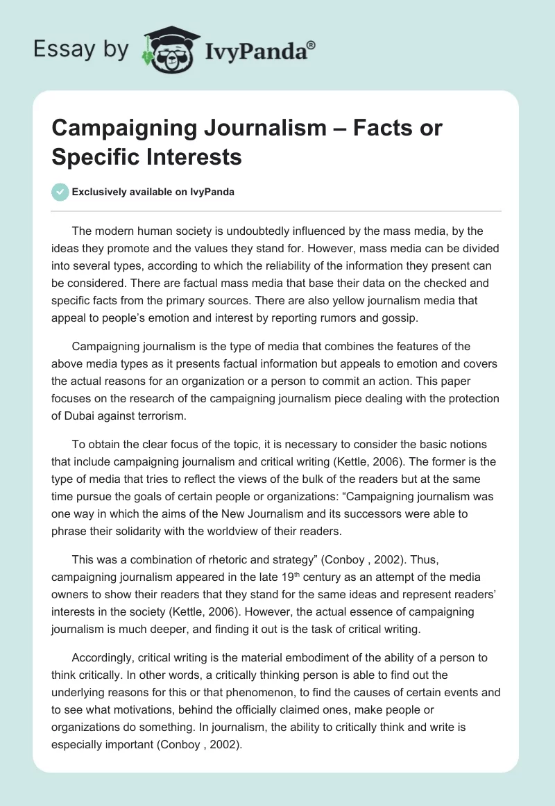 Campaigning Journalism – Facts or Specific Interests. Page 1