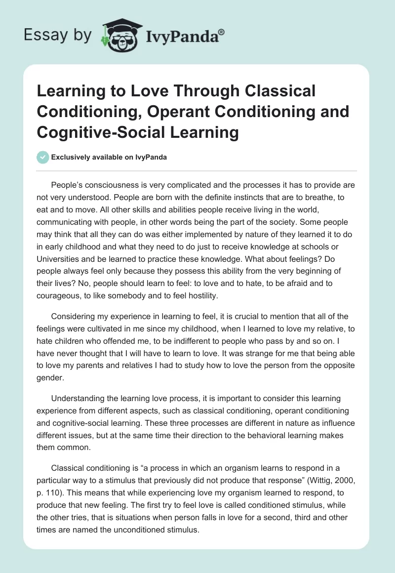 Learning to Love Through Classical Conditioning, Operant Conditioning and Cognitive-Social Learning. Page 1