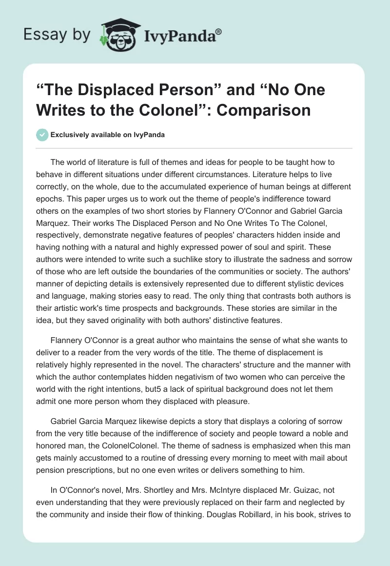 “The Displaced Person” and “No One Writes to the Colonel”: Comparison. Page 1