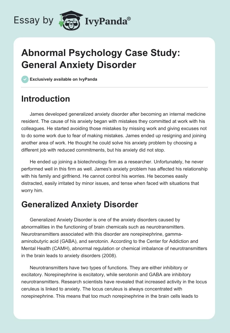 Abnormal Psychology Case Study: General Anxiety Disorder. Page 1