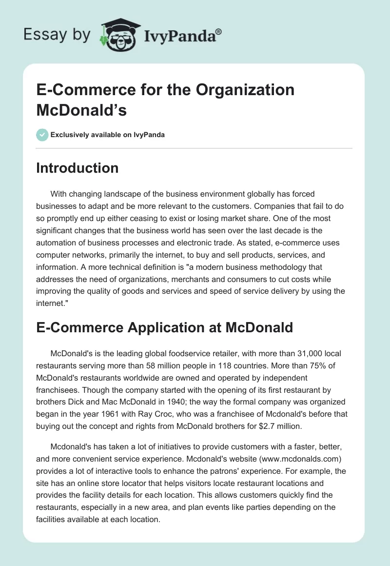 E-Commerce for the Organization McDonald’s. Page 1