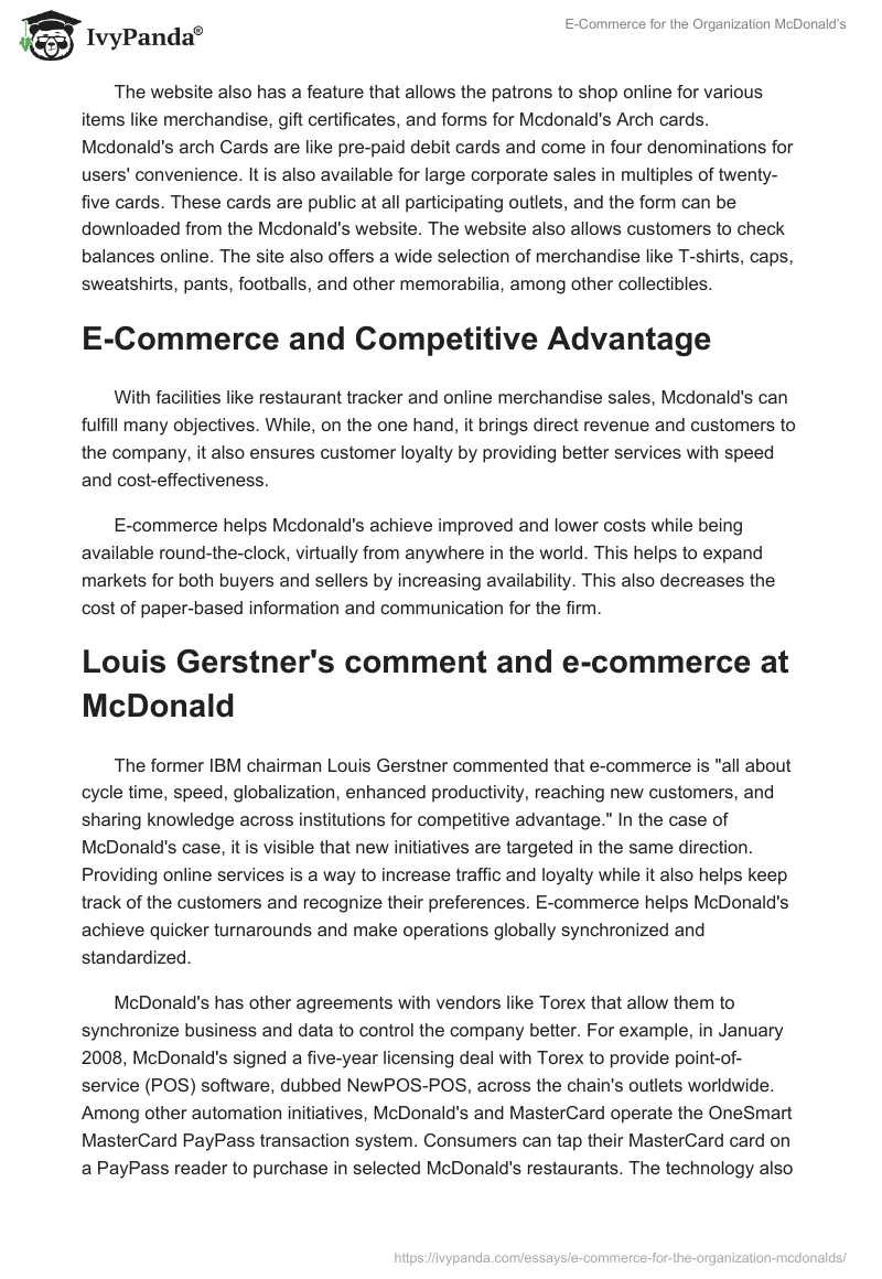 E-Commerce for the Organization McDonald’s. Page 2