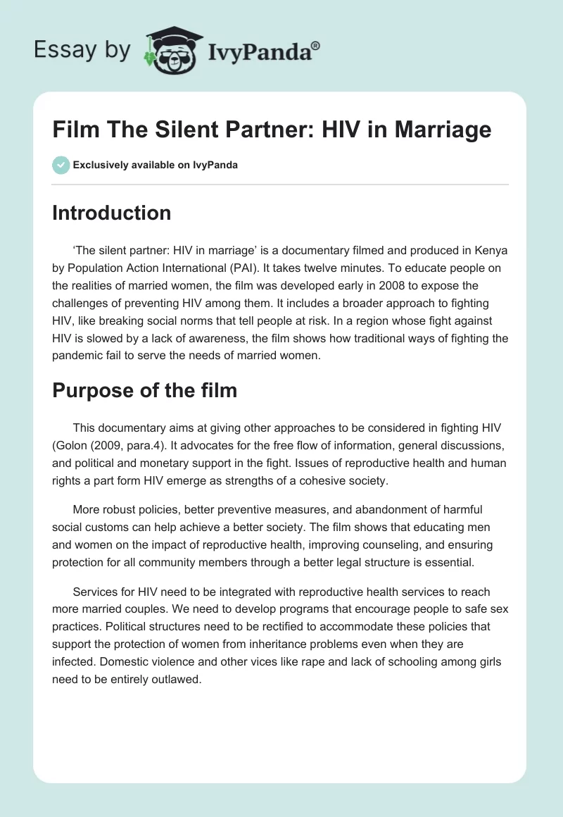 Film "The Silent Partner: HIV in Marriage". Page 1