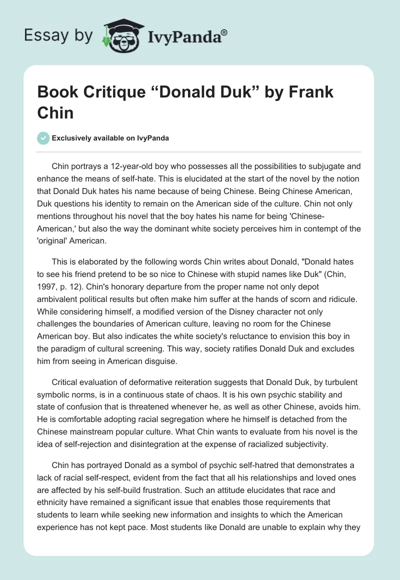 Book Critique “Donald Duk” by Frank Chin. Page 1