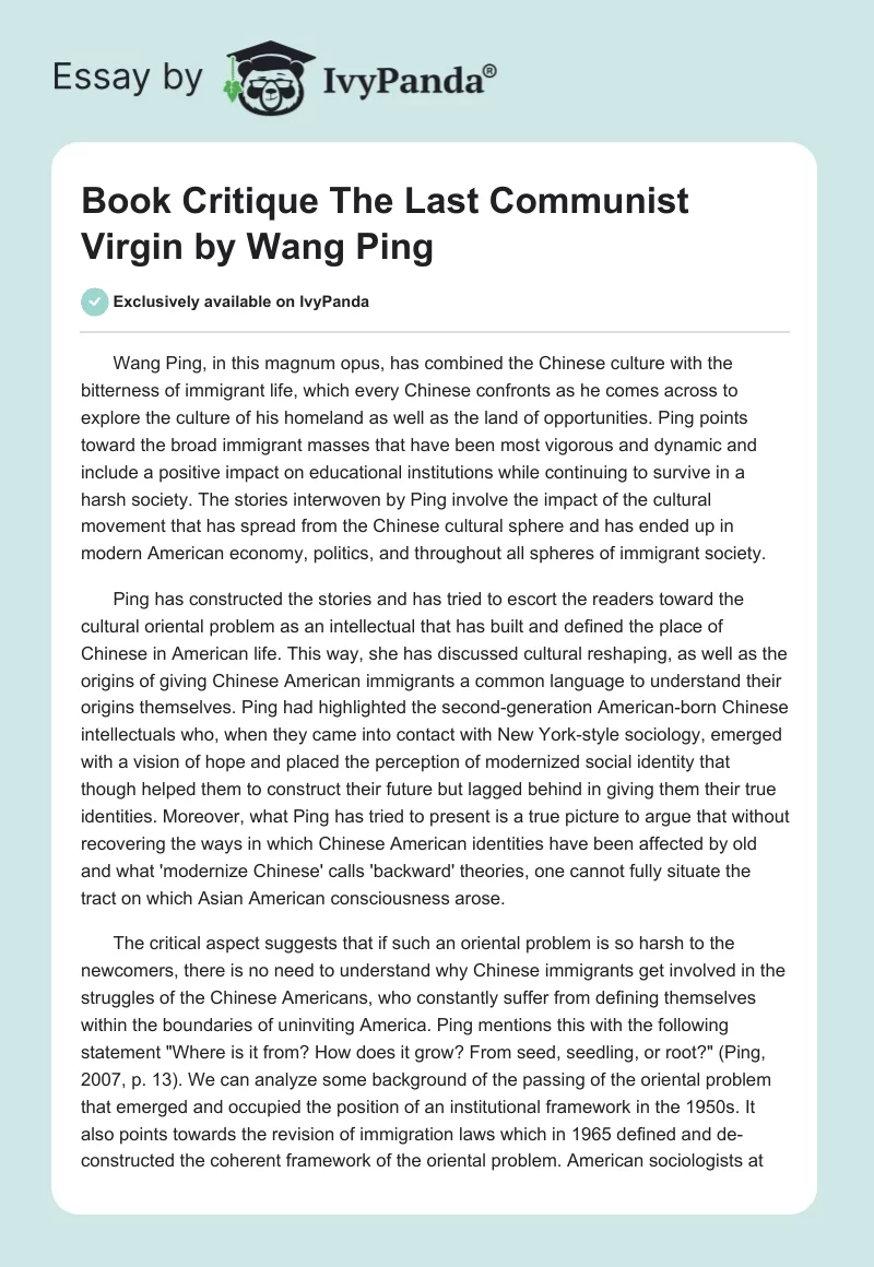 Book Critique "The Last Communist Virgin" by Wang Ping. Page 1