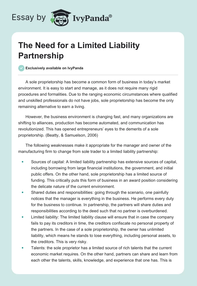 The Need for a Limited Liability Partnership. Page 1