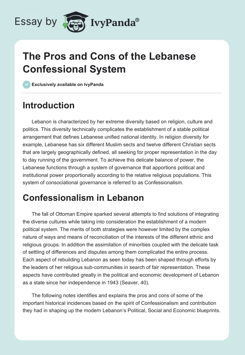 The Pros and Cons of the Lebanese Confessional System. Page 1