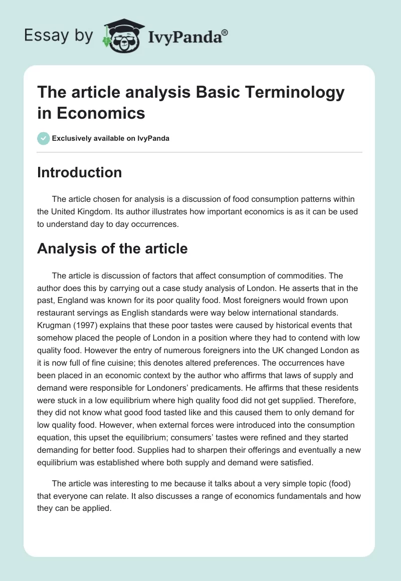 The article analysis "Basic Terminology in Economics". Page 1
