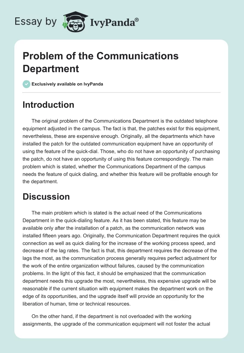 Problem of the Communications Department. Page 1