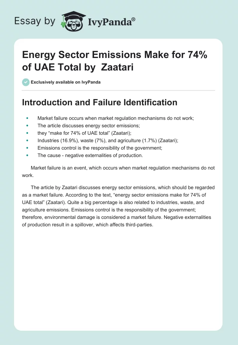 "Energy Sector Emissions Make for 74% of UAE Total" by  Zaatari. Page 1