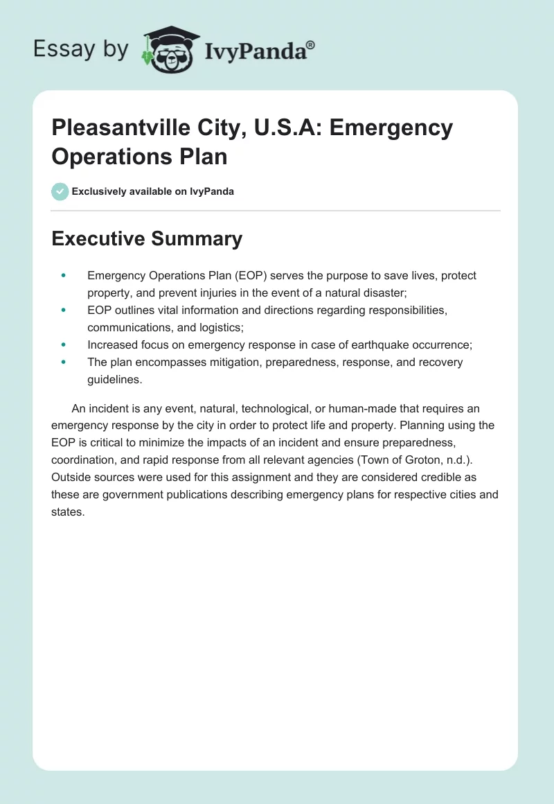 Pleasantville City, U.S.A: Emergency Operations Plan. Page 1