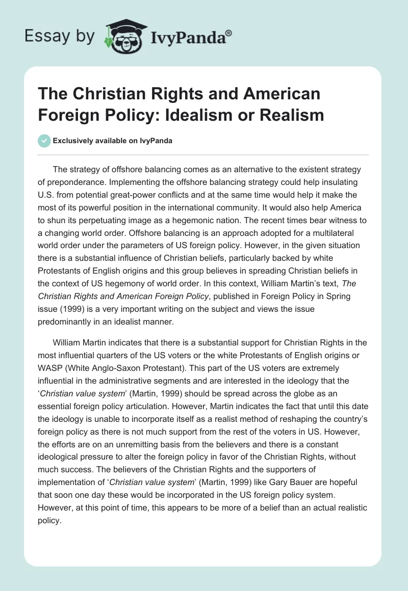 The Christian Rights and American Foreign Policy: Idealism or Realism. Page 1