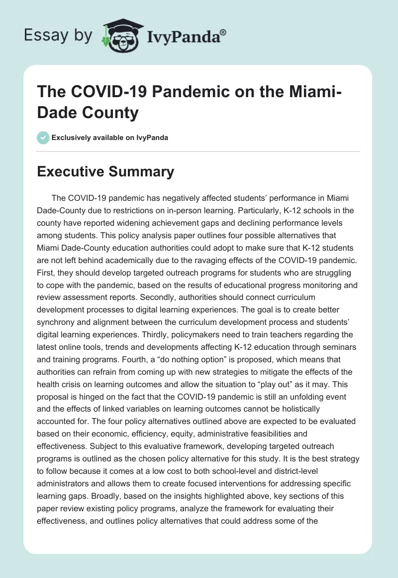 The COVID-19 Pandemic on the Miami-Dade County. Page 1
