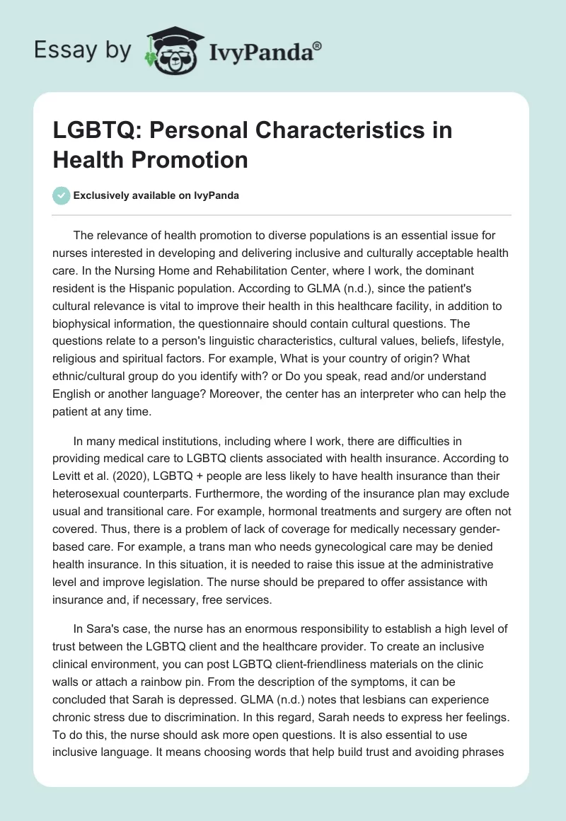 LGBTQ: Personal Characteristics in Health Promotion. Page 1