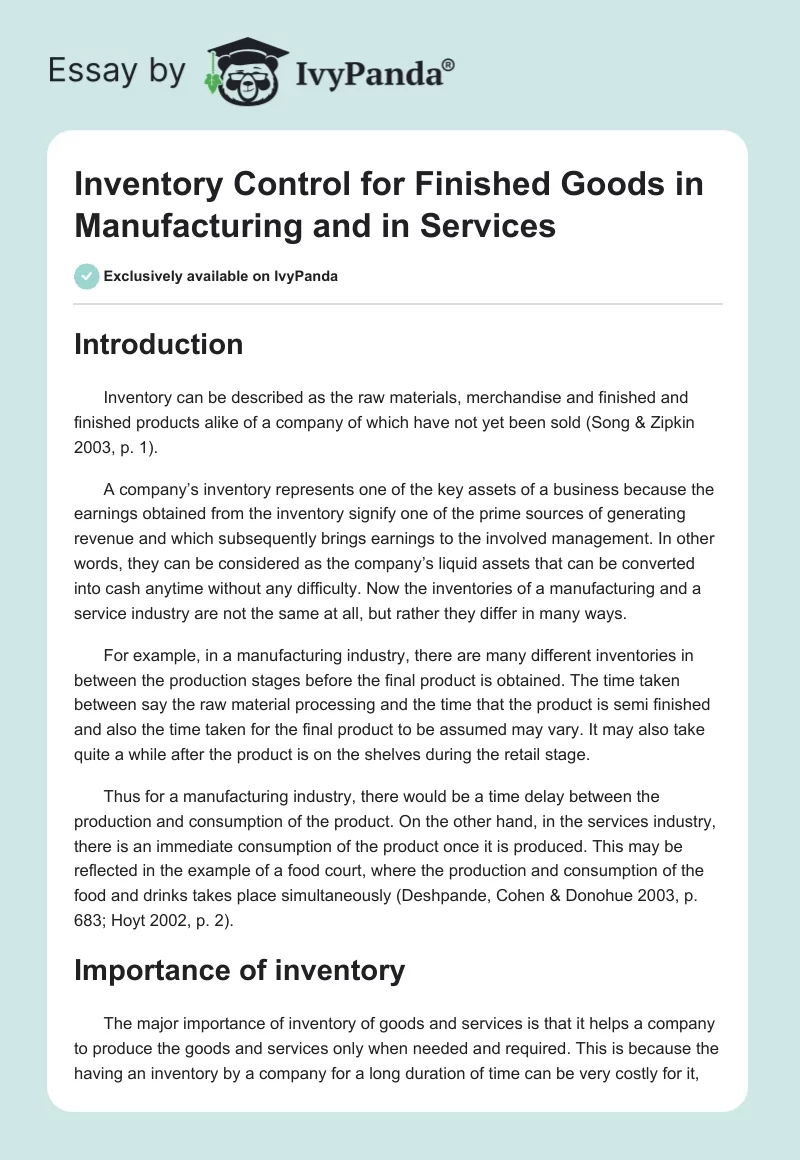 Inventory Control for Finished Goods in Manufacturing and in Services. Page 1