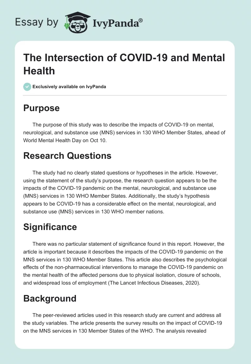 The Intersection of COVID-19 and Mental Health. Page 1