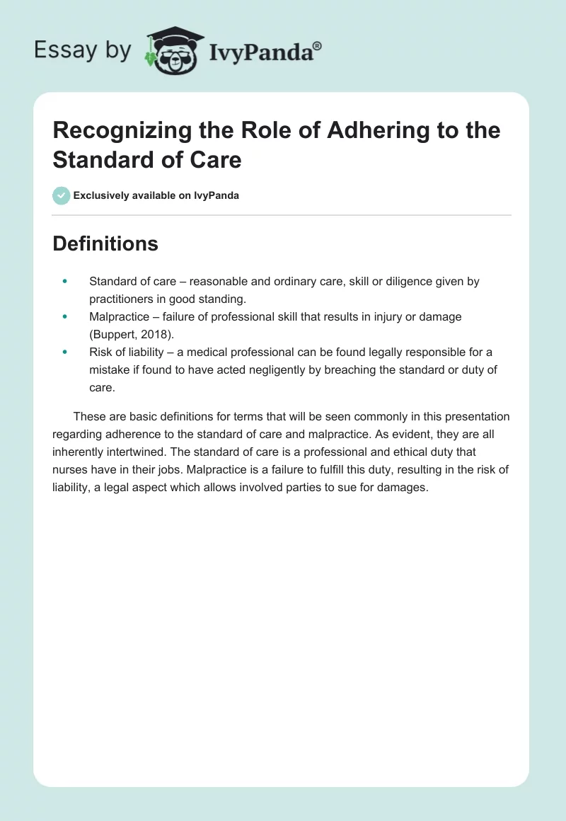 Recognizing the Role of Adhering to the Standard of Care. Page 1
