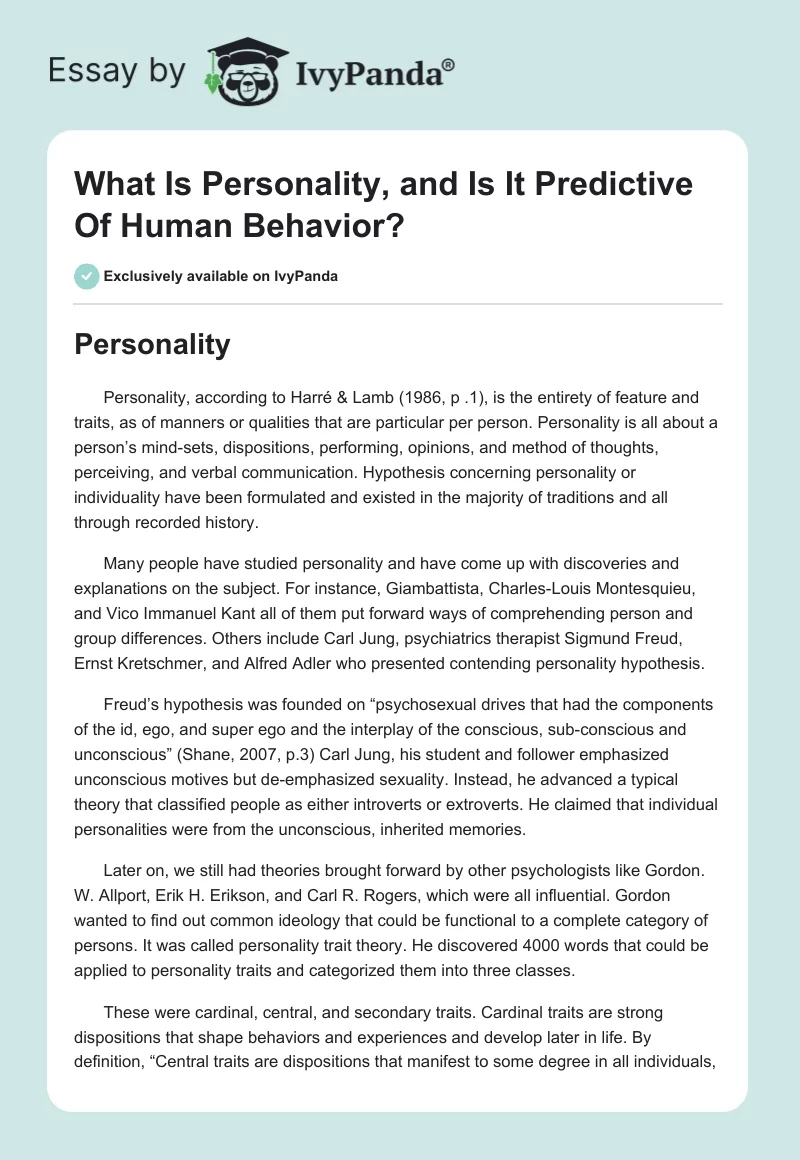 What Is Personality, and Is It Predictive Of Human Behavior?. Page 1