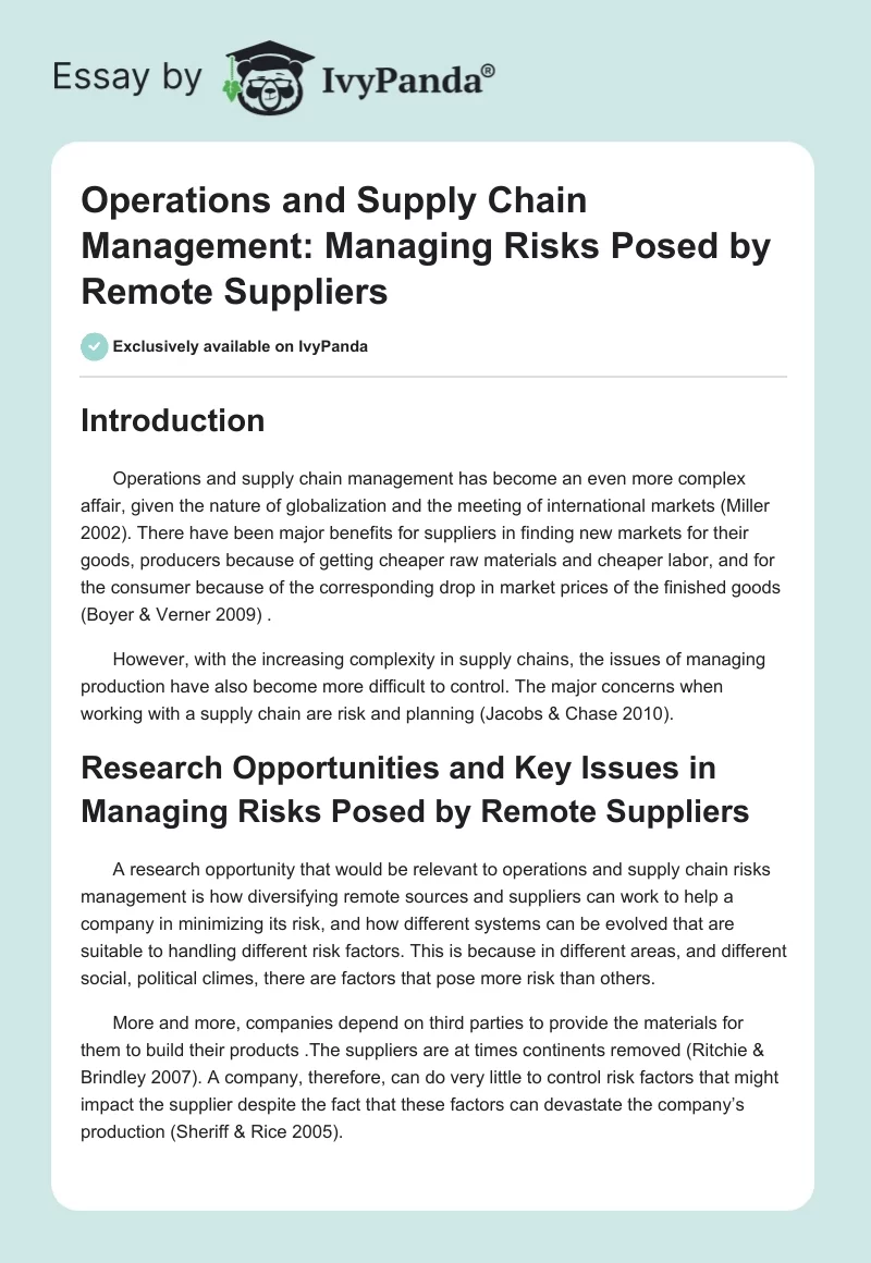 Operations and Supply Chain Management: Managing Risks Posed by Remote Suppliers. Page 1