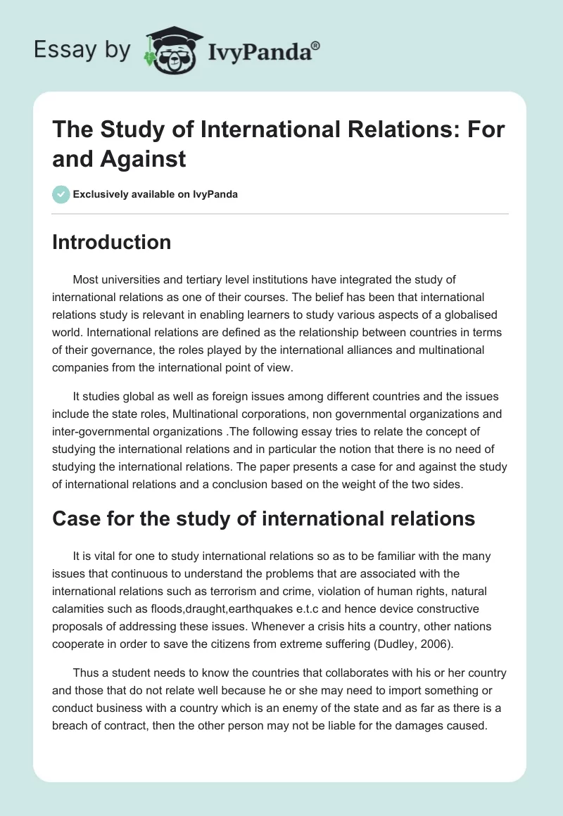 The Study of International Relations: For and Against. Page 1