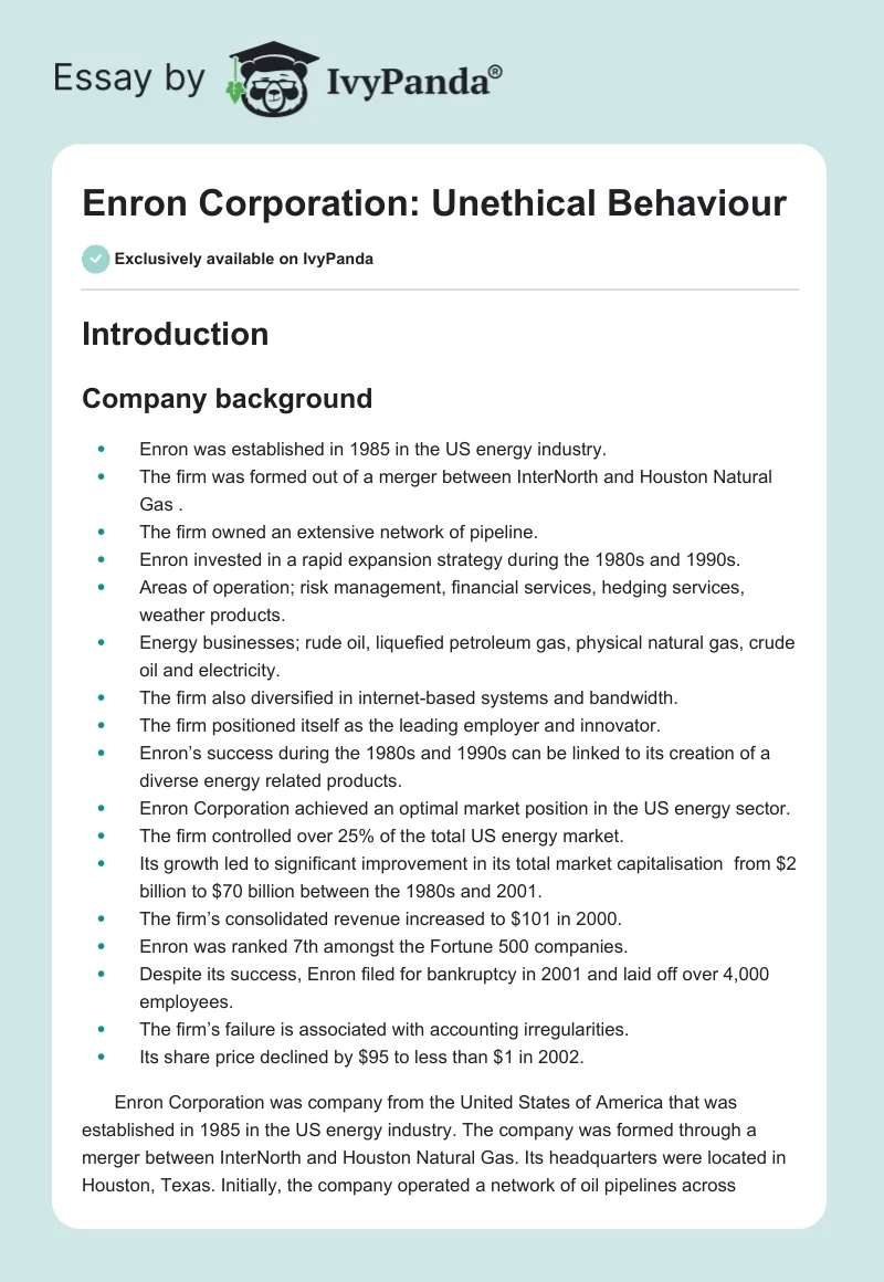 Enron Corporation: Unethical Behaviour. Page 1