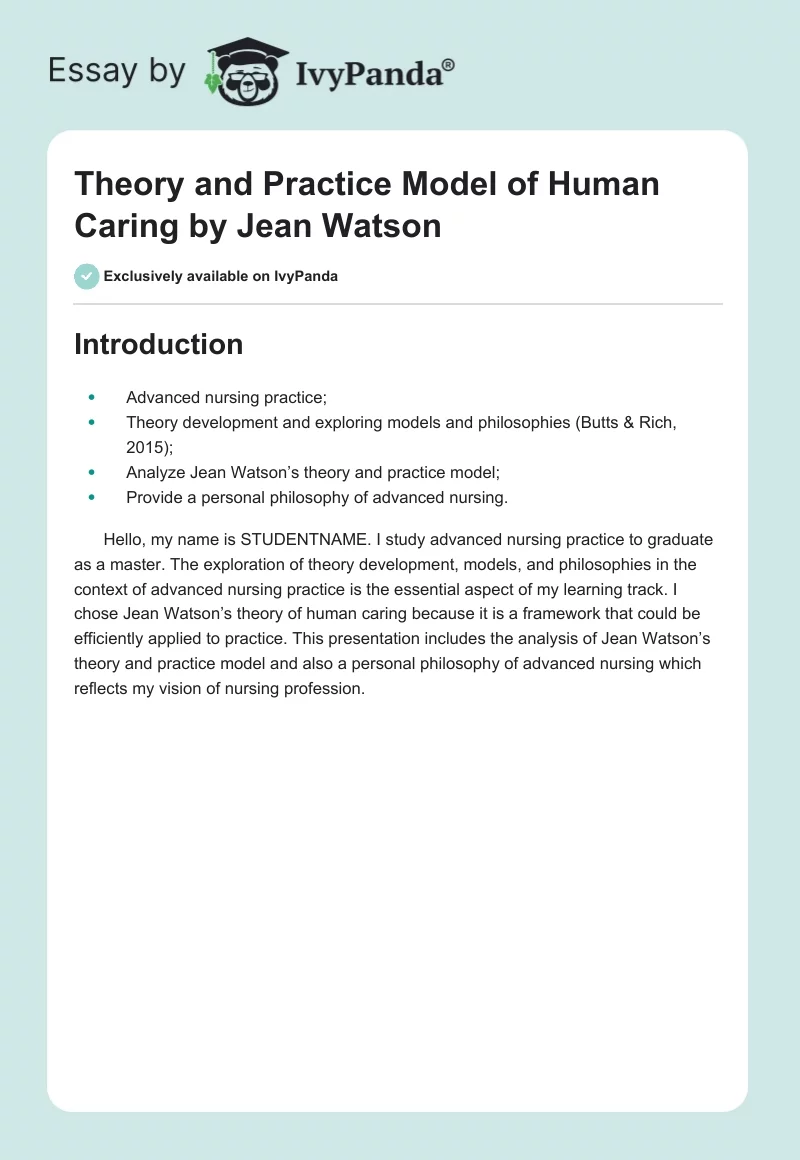 Theory and Practice Model of Human Caring by Jean Watson. Page 1