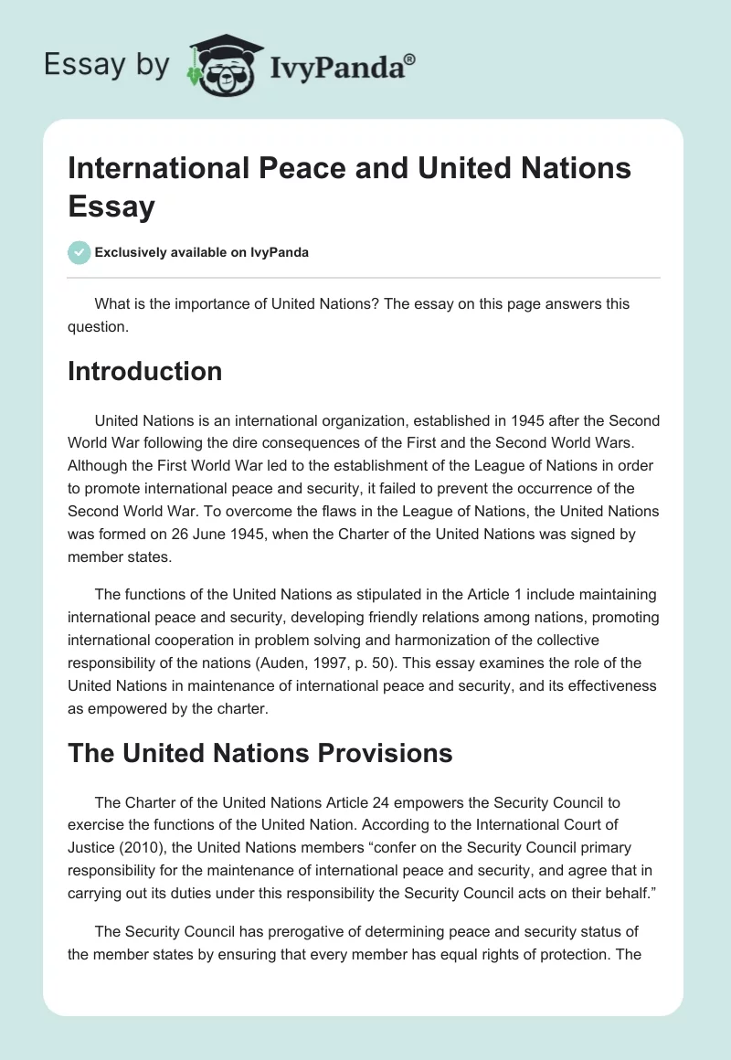 International Peace and United Nations Essay. Page 1