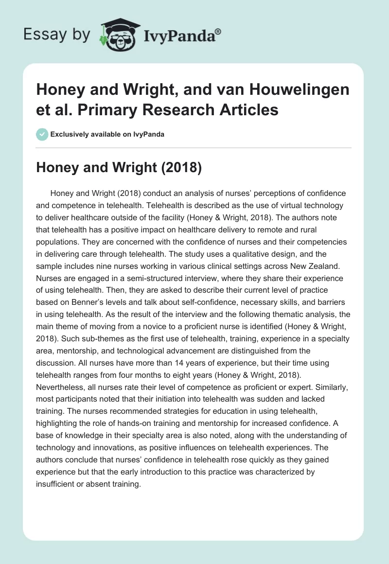 Honey and Wright, and van Houwelingen et al. Primary Research Articles. Page 1