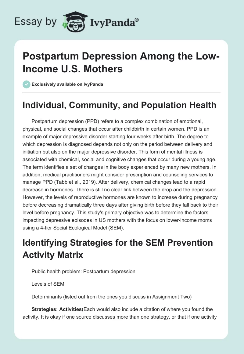 Postpartum Depression Among the Low-Income U.S. Mothers. Page 1