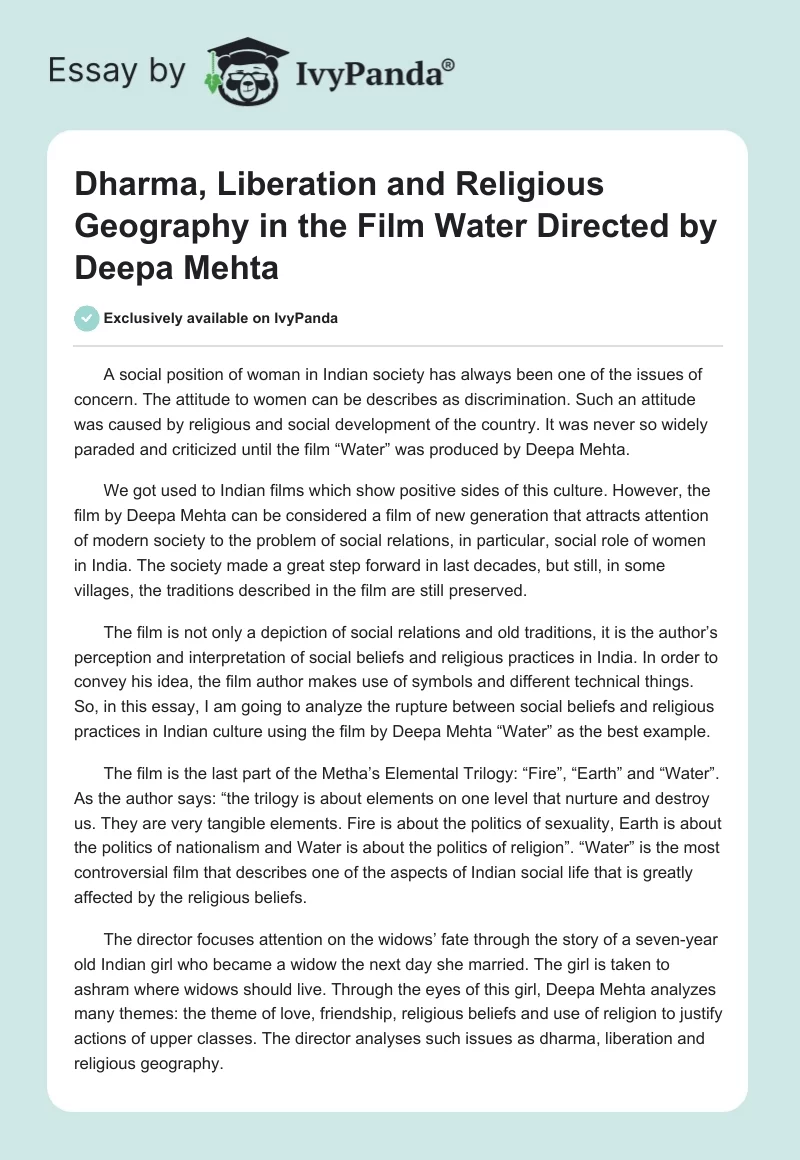 Dharma, Liberation and Religious Geography in the Film "Water" Directed by Deepa Mehta. Page 1