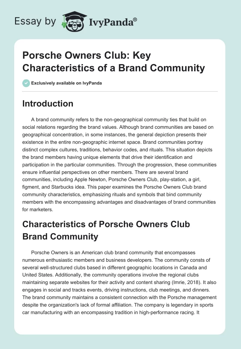 Porsche Owners Club: Key Characteristics of a Brand Community. Page 1