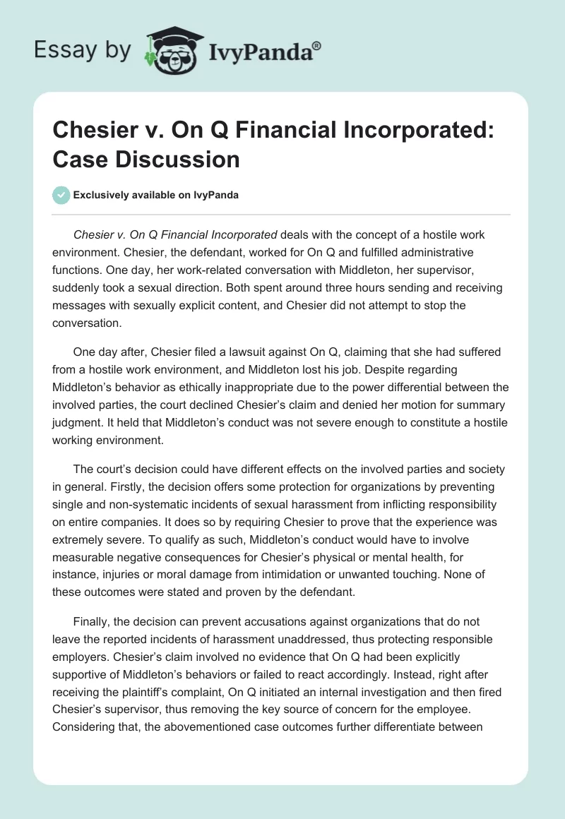 Chesier v. On Q Financial Incorporated: Case Discussion. Page 1
