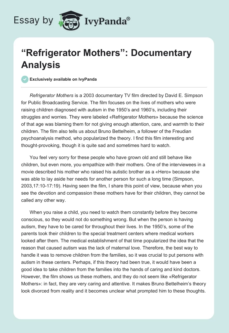 “Refrigerator Mothers”: Documentary Analysis. Page 1