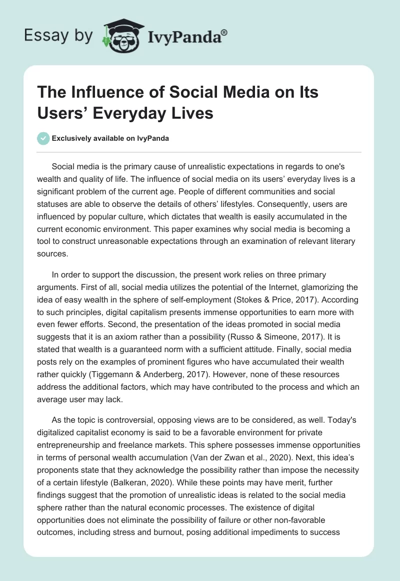 The Influence of Social Media on Its Users’ Everyday Lives. Page 1