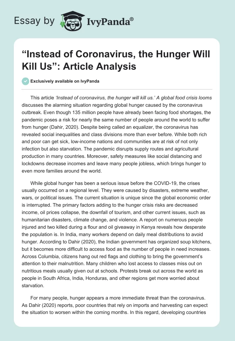 “Instead of Coronavirus, the Hunger Will Kill Us”: Article Analysis. Page 1