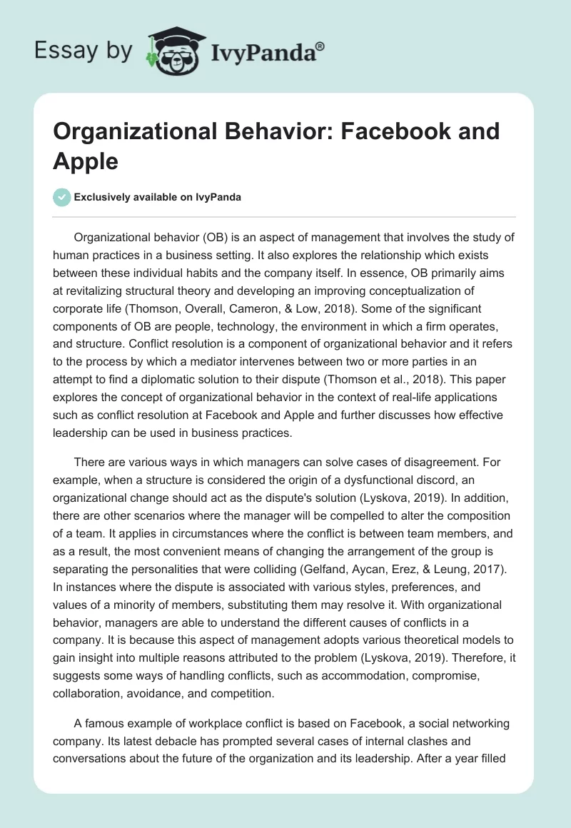 Organizational Behavior: Facebook and Apple. Page 1