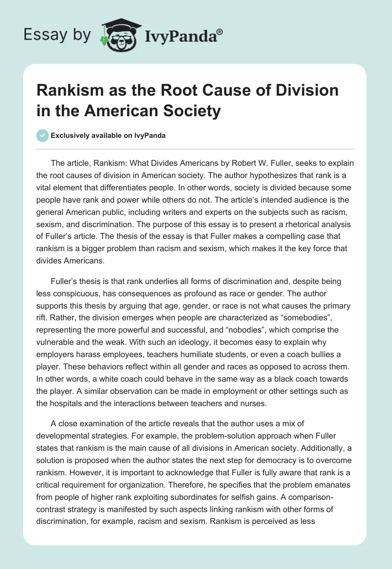 Rankism as the Root Cause of Division in the American Society. Page 1