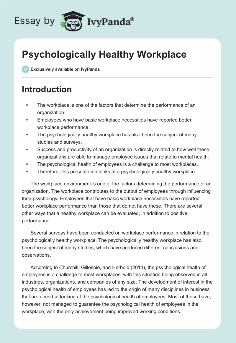 Psychologically Healthy Workplace. Page 1