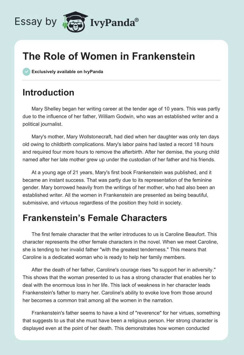 The Role of Women in Frankenstein. Page 1