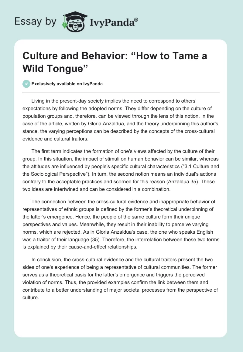 Culture and Behavior: “How to Tame a Wild Tongue”. Page 1
