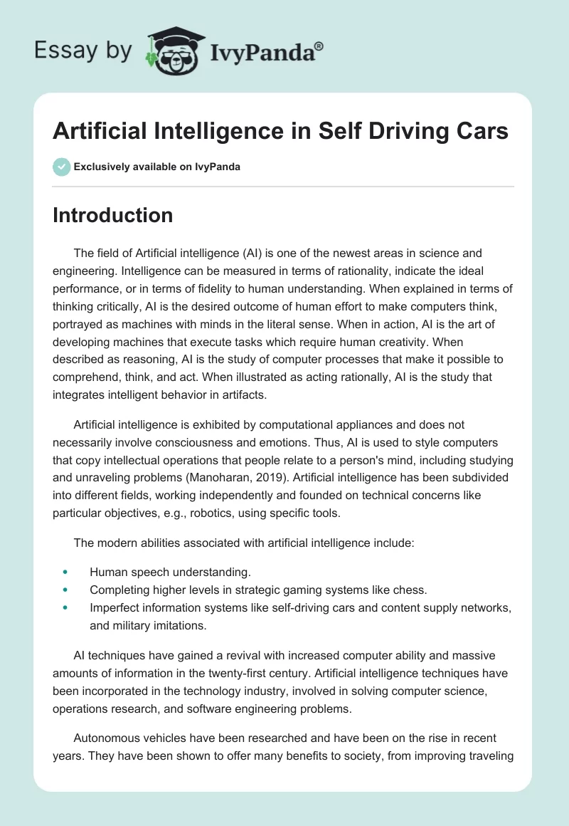 Artificial Intelligence in Self Driving Cars. Page 1
