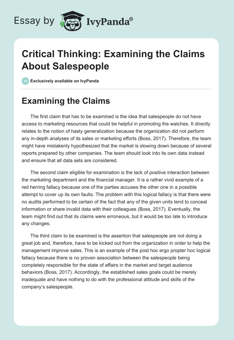 Critical Thinking: Examining the Claims About Salespeople. Page 1