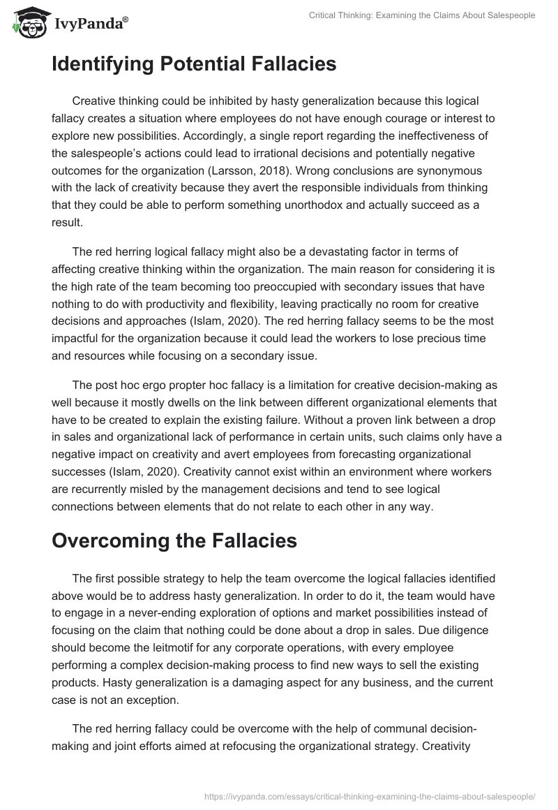 Critical Thinking: Examining the Claims About Salespeople. Page 2
