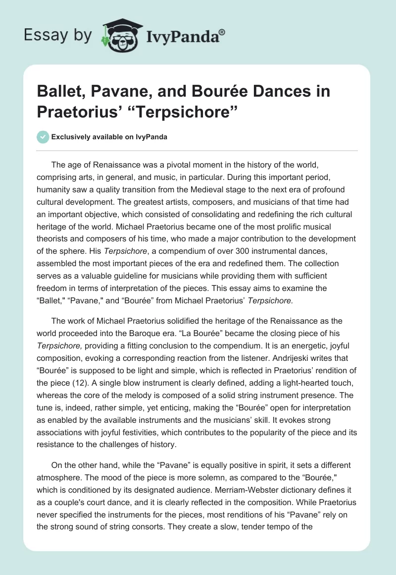 Ballet, Pavane, and Bourée Dances in Praetorius’ “Terpsichore”. Page 1
